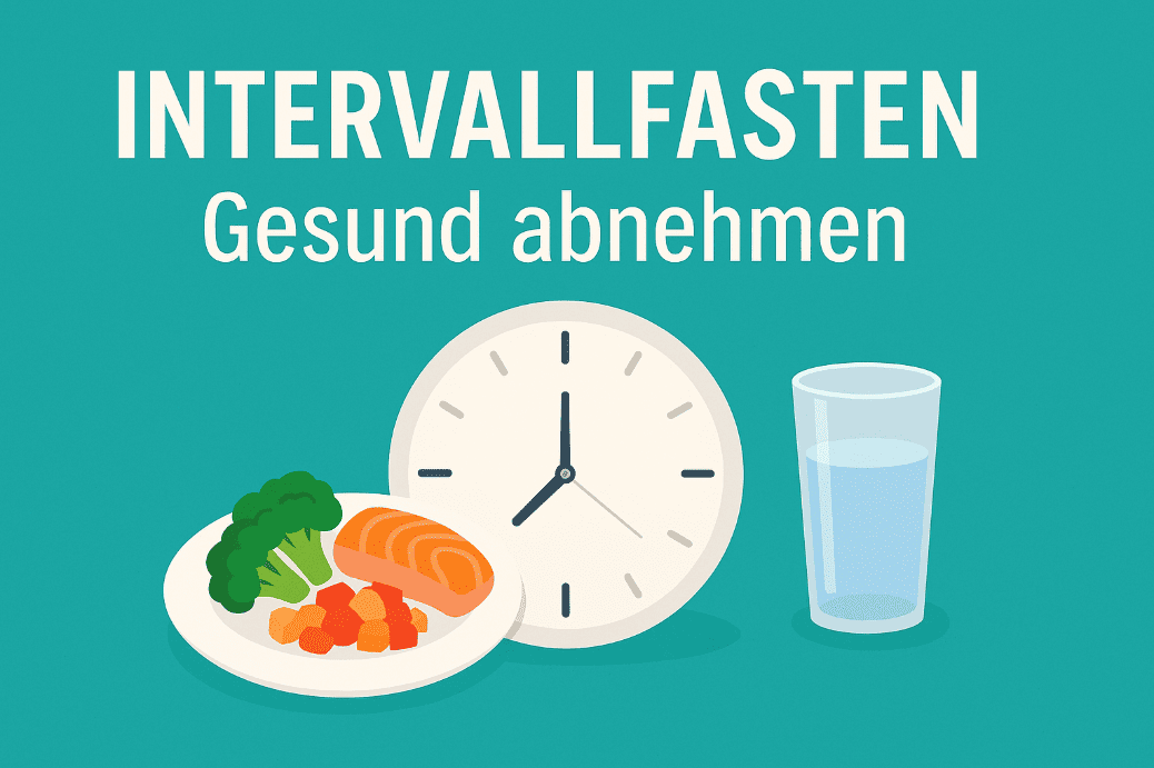 Illustration mit Uhr, Glas Wasser und gesunder Mahlzeit zur Darstellung des Intervallfastens