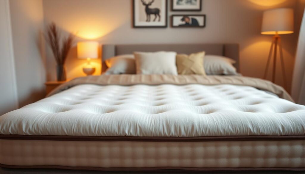 A cozy bedroom setting with a plush, inviting mattress prominently displayed in the foreground. The mattress is surrounded by a soft, neutral-toned duvet and pillows, creating a serene and inviting atmosphere. In the middle ground, a bedside table with a simple lamp casts a warm, gentle glow, complementing the overall mood. The background features a minimalist, tastefully decorated wall, hinting at the comfortable and well-designed living space. The lighting is soft and diffused, emphasizing the comfort and quality of the mattress. The composition is balanced, with the mattress taking center stage, allowing the viewer to fully appreciate the price and value proposition.