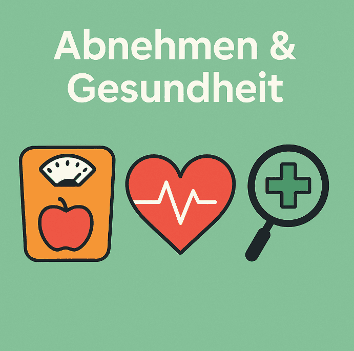 Personenwaage mit Apfel, Herz mit Herzschlag, Lupe mit Kreuzsymbol