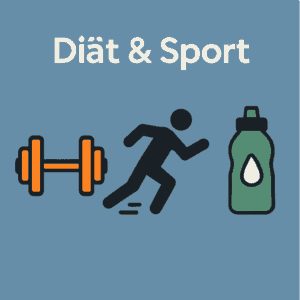 Hantel, laufende Figur und Trinkflasche auf blauem Hintergrund