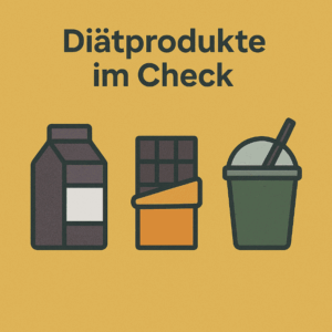 Diät-Shake-Becher, Milchverpackung, Schokoriegel auf gelbem Hintergrund