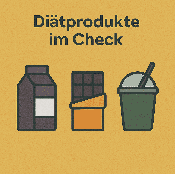 Diät-Shake-Becher, Milchverpackung, Schokoriegel auf gelbem Hintergrund