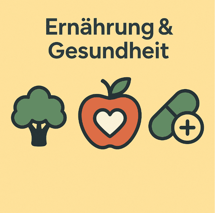 Brokkoli, Apfel mit Herzsymbol, grüne Kapsel mit Pluszeichen auf gelbem Hintergrund