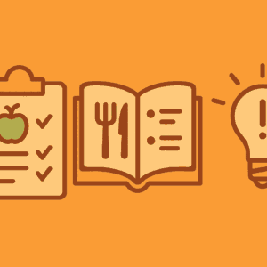 Checkliste mit Apfel, aufgeschlagenes Kochbuch mit Besteck, Glühbirne mit Ausrufezeichen