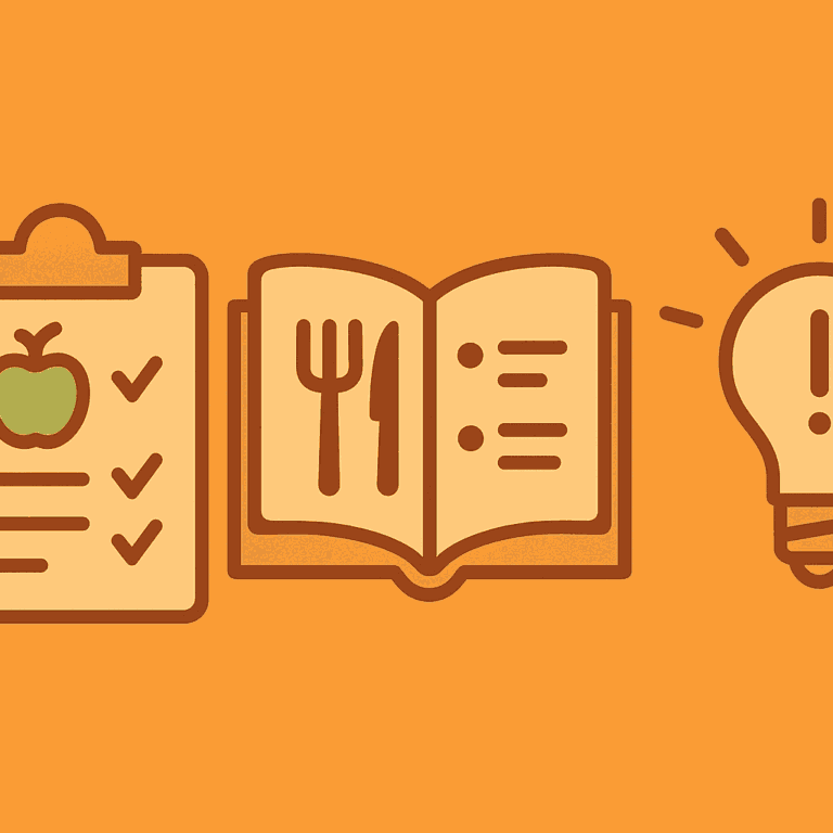 Checkliste mit Apfel, aufgeschlagenes Kochbuch mit Besteck, Glühbirne mit Ausrufezeichen