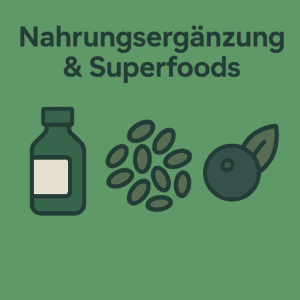 Nahrungsergänzung in Flasche, Samen und Superfood-Beere auf grünem Hintergrund