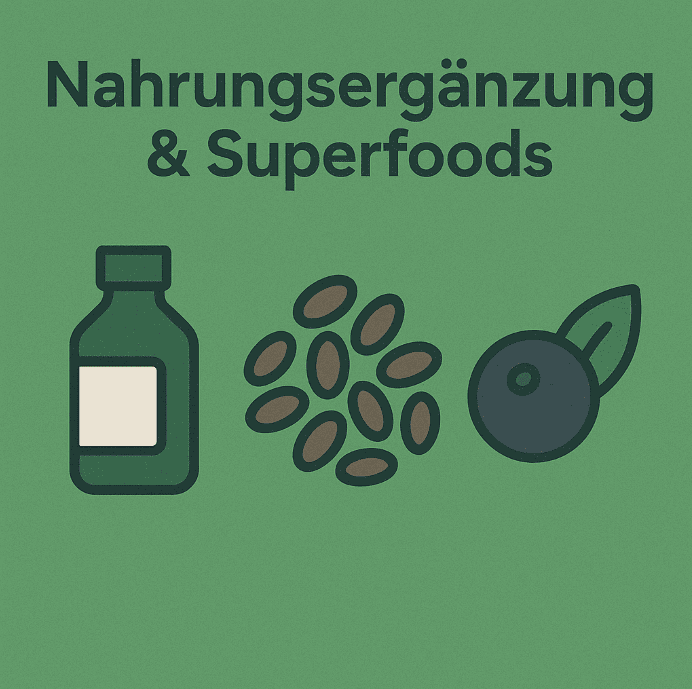 Nahrungsergänzung in Flasche, Samen und Superfood-Beere auf grünem Hintergrund