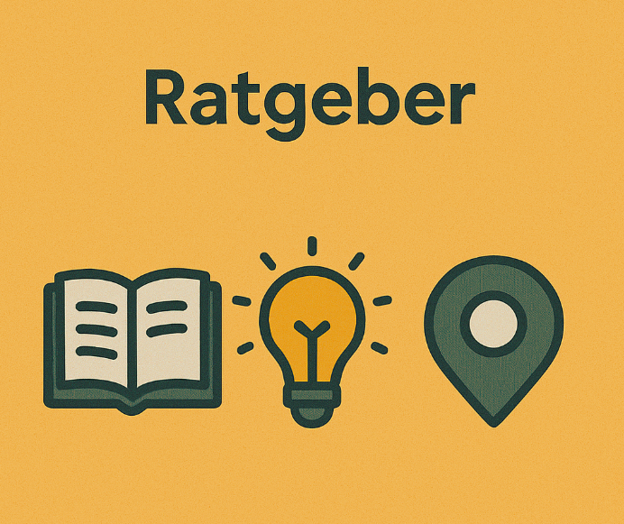 Buch, Glühbirne und Standortmarker auf orangefarbenem Hintergrund